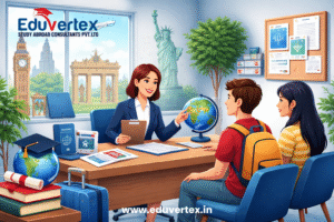 Students discussing study abroad plans with education consultant in office