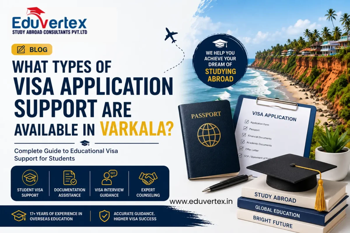 Eduvertex educational visa application support banner in Varkala featuring passport, visa application checklist, graduation cap, and study abroad counseling services for students.