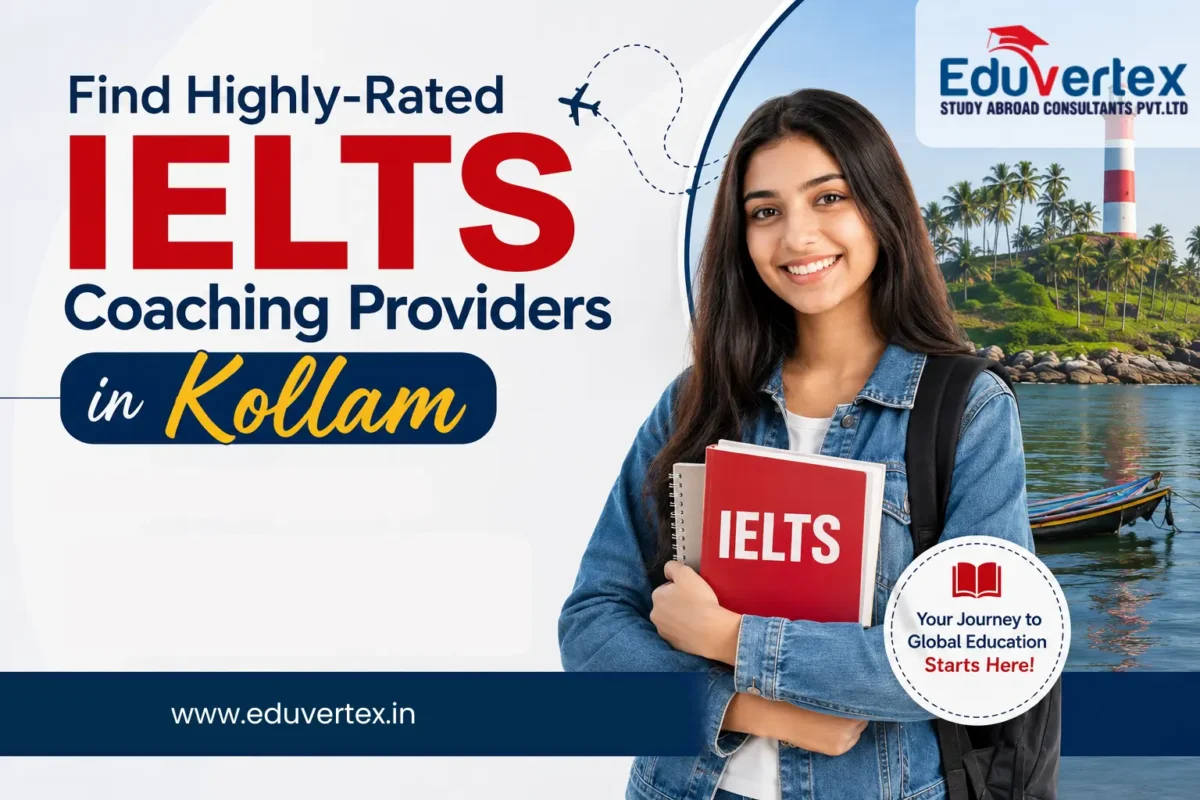 A promotional banner for Eduvertex Study Abroad Consultants featuring a smiling student holding an IELTS book. The banner highlights highly-rated IELTS coaching providers in Kollam, with a scenic Kerala backwater and lighthouse background, alongside Eduvertex branding and a study abroad message.