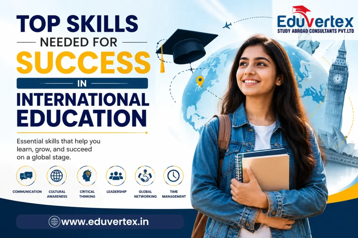Banner showing the title “Top Skills Needed for Success in International Education” with global education elements like graduation cap, books, globe, airplane, and international landmarks.