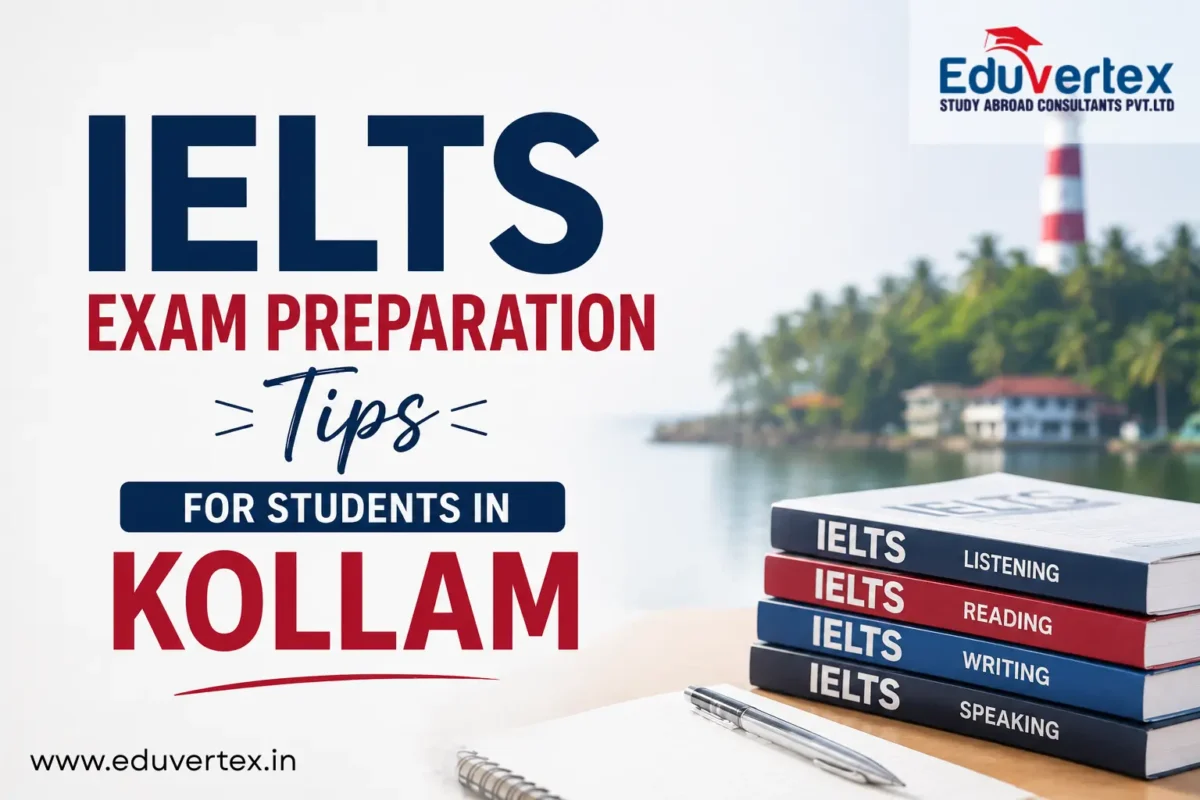IELTS Exam Preparation Tips for Students in Kollam banner featuring IELTS books, study materials, Eduvertex logo, and a scenic Kollam lighthouse background.