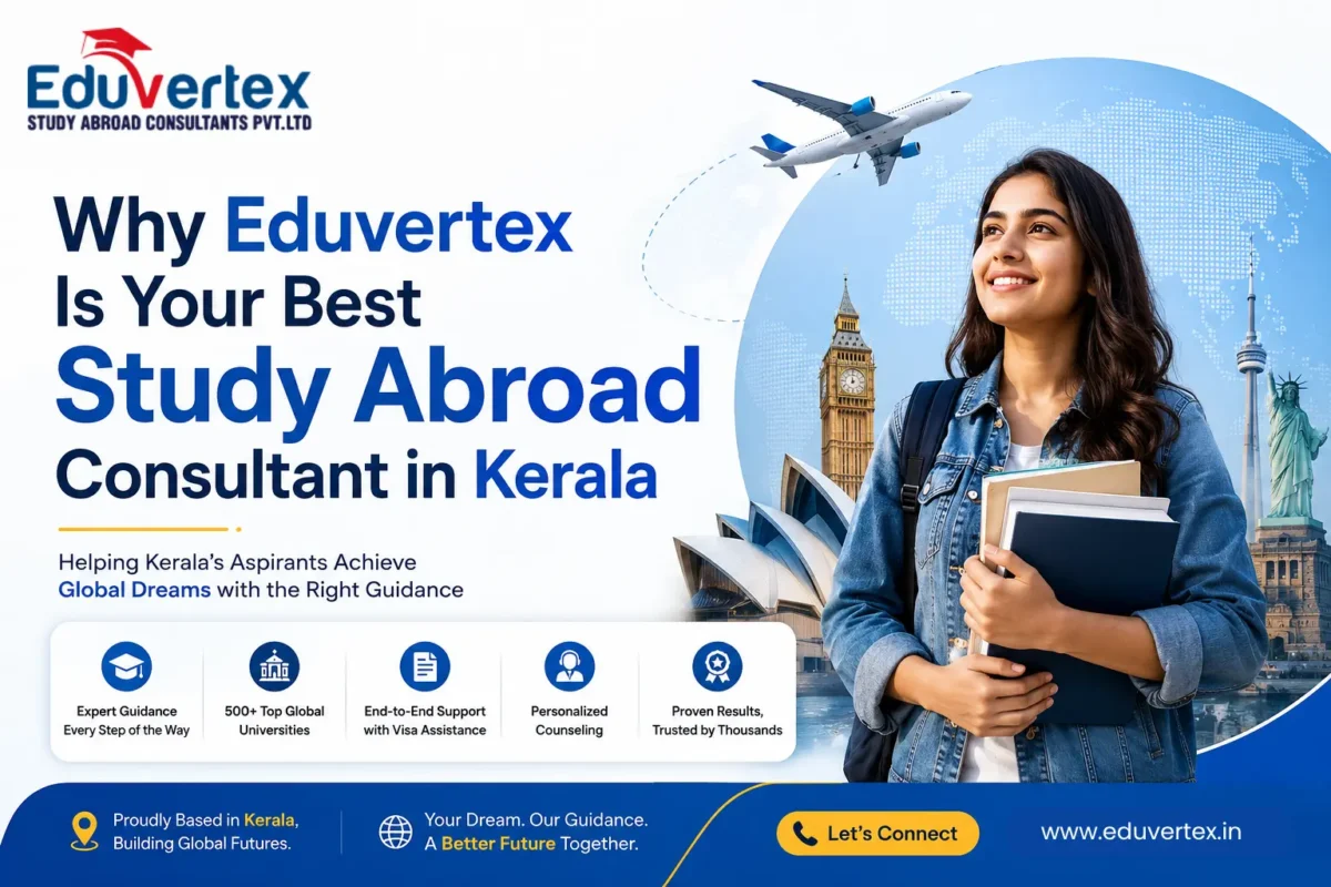 Eduvertex study abroad consultant in Kerala banner featuring a student, airplane, global destinations, and international university guidance