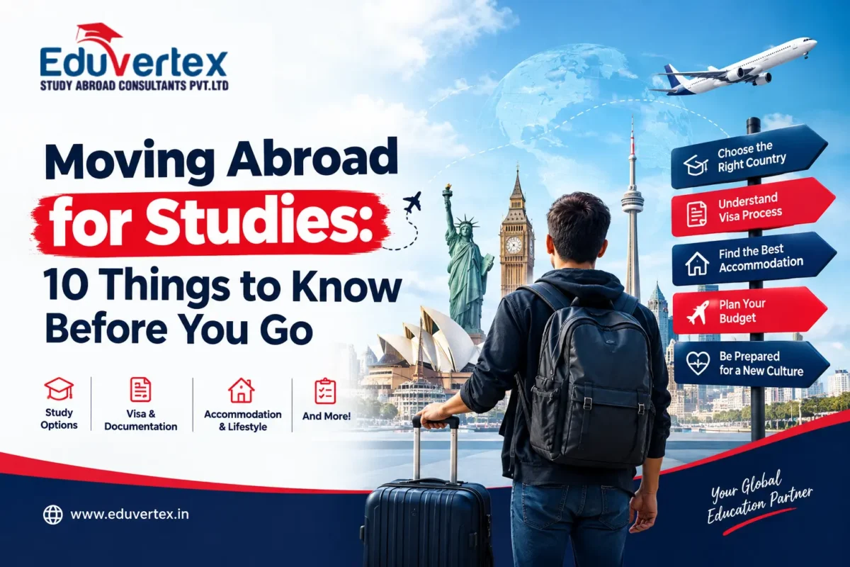 Student with backpack and suitcase planning moving abroad for studies, with Eduvertex study abroad consultants banner