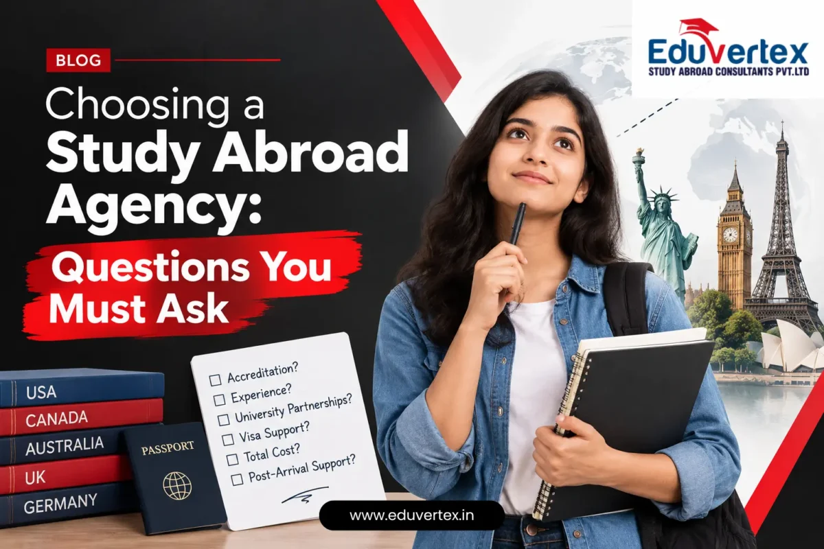 Student holding a notebook beside a checklist of questions to ask when choosing a study abroad agency, with passport and country books